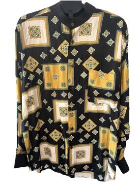 Masala Uomo Men’s Sz XL Black Geometric Shirt Mandarin Collar Made in Italy